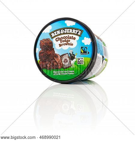 Tallinn, Estonia - January 2023: Ben Jerrys Chocolate Fudge Brownie Ice Cream Isolated On White Back