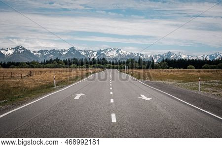 View Along The Fairlie To Tekapo Road Towards The Snow Capped Peaks Of Mount Cook National Park