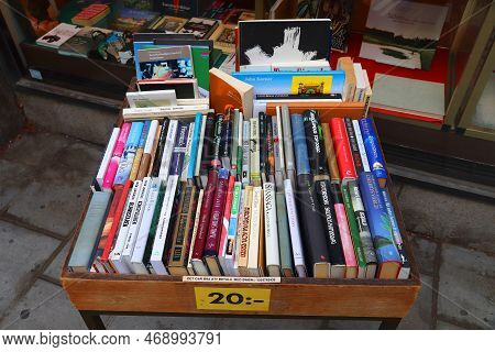 Stockholm, Sweden - August 23, 2018: Bargain Book Box At Antique Shop Ronnells Antikvariat In Stockh