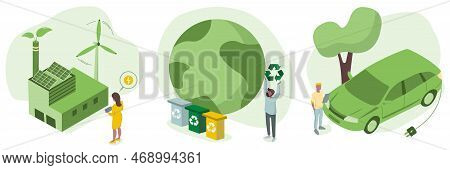 Sustainability Illustration Set. Energy Efficiency In Household And Industry. Characters Using Green