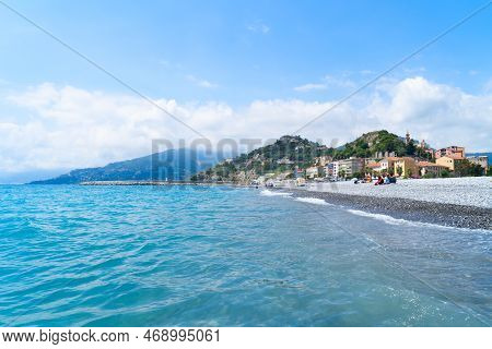 Sea Coast And Old Town Of Ventimiglia, Italy, Liguria Region