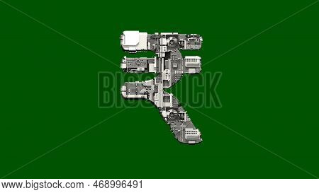 Rupee Sign - Cyber Scrap Metal Alphabet On Chroma Key Screen, Isolated - Object 3d Illustration