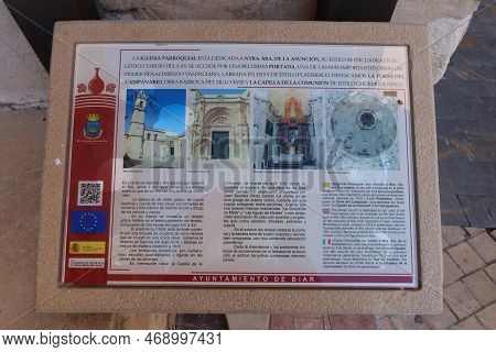 Biar, Alicante, Spain, January 14, 2023: Sign With Information On The Main Entrance Door Of The Chur