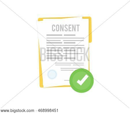 Approved Document. Consent. Green Check Mark On Paper Page Logo Design. Successful Check Of A Resume