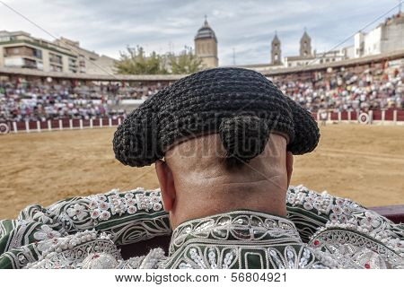 Detail Of Bullfighter Bald And Slightly Fat Looking The Bull During A Bullfight Held In Ubeda