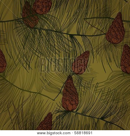 Seamless Hand Drawn Pattern With Pine Tree Branches And Cones. Eps10