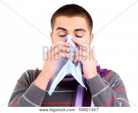Sick young man, isolated on white