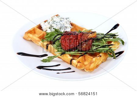 Belgian Waffle With Cream Cheese And Roasted Bulgarian Pepper.