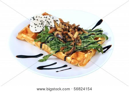Belgian Waffle With Croutons, Herbs And Cheese Isolated On White.