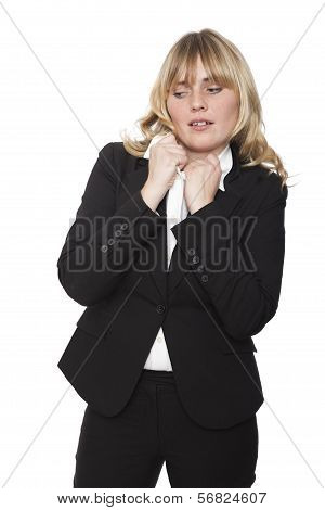 Uncomfortable Woman Tugging At Her Collar