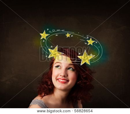 Young girl with yellow stars circleing around her head illustration
