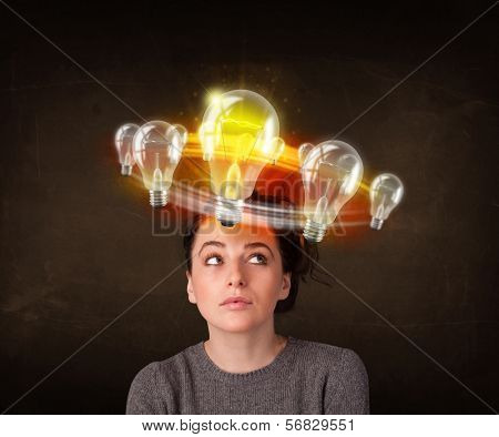 Preety woman with light bulbs circleing around her head 