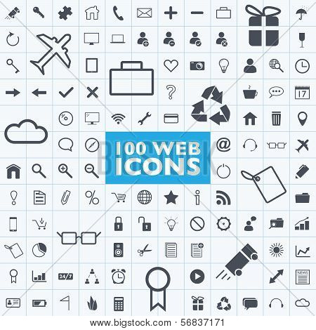Set of 100 grey web, internet, office, computer, travel icon vectors with grid