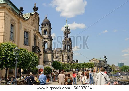 DRESDEN, GERMANY - MAY 13: People walk along Munzgasse in center of Dresden on May 1, 2009 in Dresden, Germany. Munzgasse - the street where there are many cafes and restaurants.