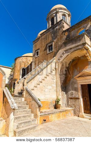 Monastery (friary) In Messara Valley At Crete, Greece. Messara - Is  Largest Plain In  Island Crete