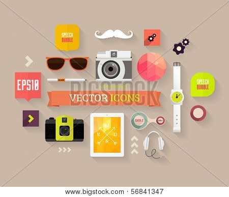 Flat Design Vector Set. Hipster Theme. Mustache, Glasses, Speech Bubbles, Tablet PC, Camera, Phone and other Icons Design.