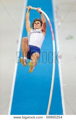 GOTHENBURG, SWEDEN - MARCH 3 Adam Helcelet (CZE) places 4th in the men's pentathlon pole vault event during the European Athletics Indoor Championship on March 3, 2013 in Gothenburg, Sweden.