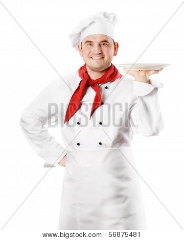Chef Showing Empty Plate Isolated On White