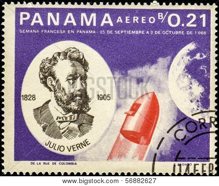 PANAMA - CIRCA 1966: A stamp printed in Panama shows Jules Verne (1828-1905), French Space Explorations, circa 1966 