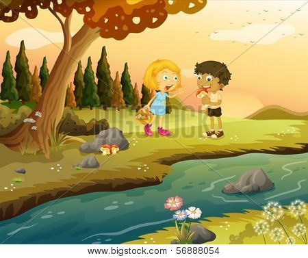 Illustration of a boy and a girl playing at the forest near the riverbank