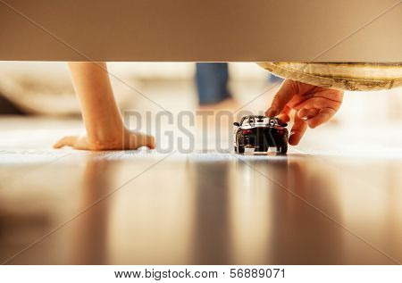 Closeup Image Little Boy Hands With Toy Car