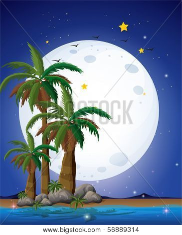 Illustration of a bright fullmoon and the blue sea