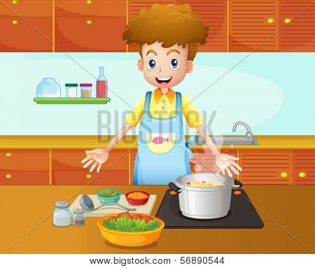 Illustration of a male chef cooking in the kitchen
