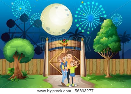 Illustration of a family strolling in the middle of the night