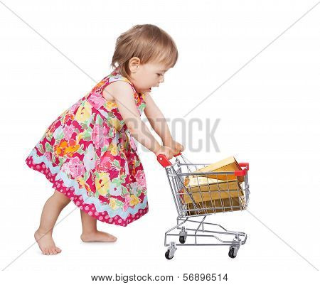 Little Girl Pushing A Trolley