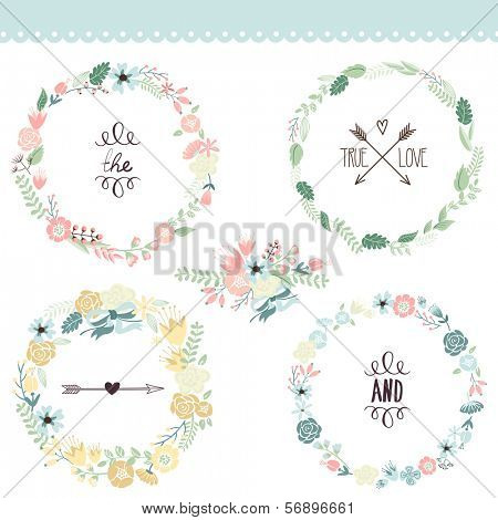 Floral Frame Collection. Set of cute retro flowers arranged un a shape of the wreath perfect for wedding invitations and birthday cards 