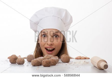 dough balls and woman chef cook