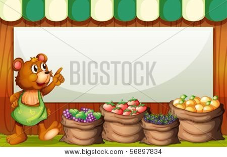 Illustration of an empty rectangular template with a bear selling fruits