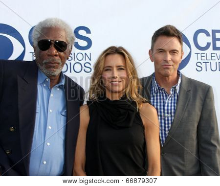 LOS ANGELES - MAY 19:  Morgan Freeman, Tea Leoni, Tim Daly at the CBS Summer Soiree at the London Hotel on May 19, 2014 in West Hollywood, CA