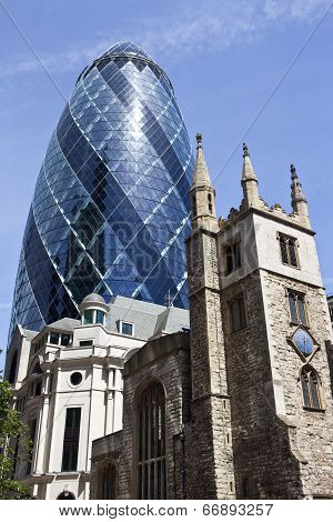 St Andrew Undershaft Church And The Gherkin In London