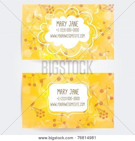 Set of two creative business card templates with artistic vector design. Yellow autumn background wi