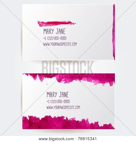 Set of two creative business card templates with artistic vector design. Red cosmetic abstract paint