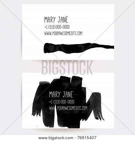 Set of two creative business card templates with minimalistic vector design. Abstract black ink brus