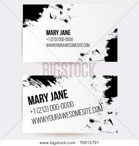 Set of two creative business card templates with artistic vector design. Abstract black grunge textu