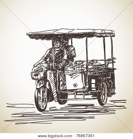 Sketch of tricycle motorbike Hand drawn vector illustration