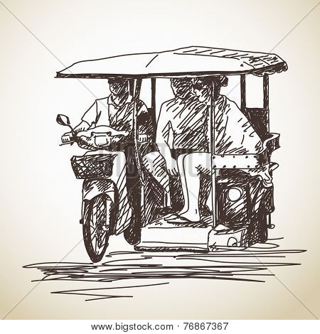 Sketch of tricycle moto taxi with tourist Hand drawn vector illustration