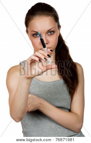 Girl About A Syringe In  Hand On  White Background