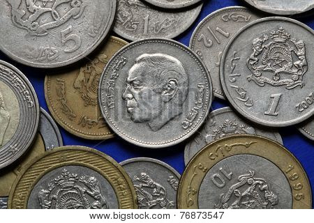 Coins of Morocco. King Hassan II of Morocco depicted in the Moroccan dirham coins.