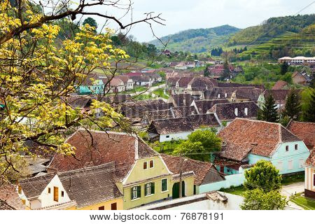  view of medieval Saxon village in Romania .In Transylvania region