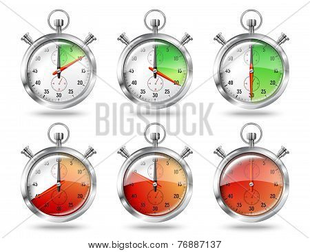 Set of silver bright stopwatch clock intervals, isolated on white background. Vector