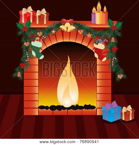 illustration of christmas decoration around fire place