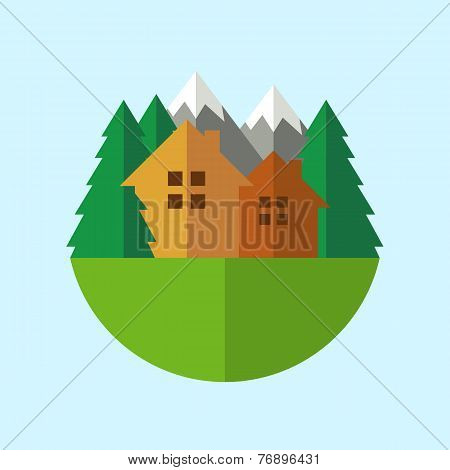 Flat Style Eco House Badge With Mountains And Trees. Vector Logo Template. Design Concept For Real E