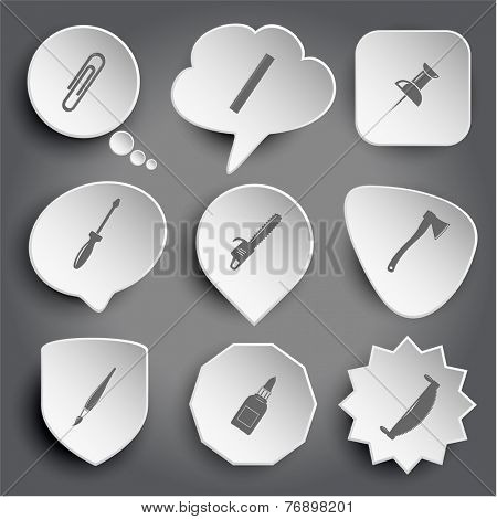 clip, ruler, push pin, screwdriver, gasoline-powered saw, axe, brush, glue bottle, two-handled saw. White vector buttons on gray.