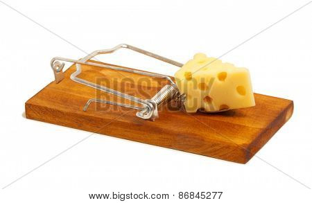 Mousetrap with piece of cheese isolated on white