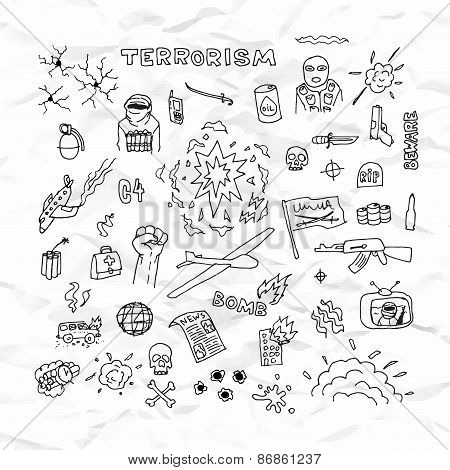 Freehand terrorism doodles on crumpled paper vector illustration