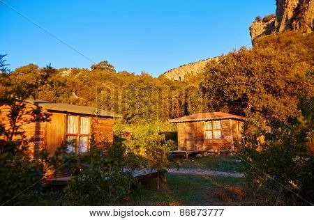 Wooden bungalows on campsite